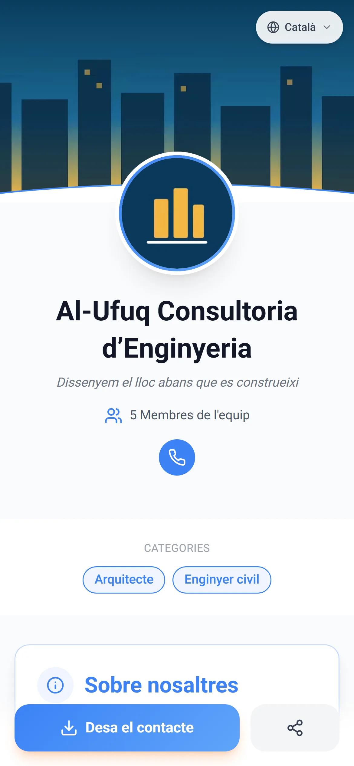 Una pàgina d’empresa real a AurCard, tal com la veu un client al mòbil