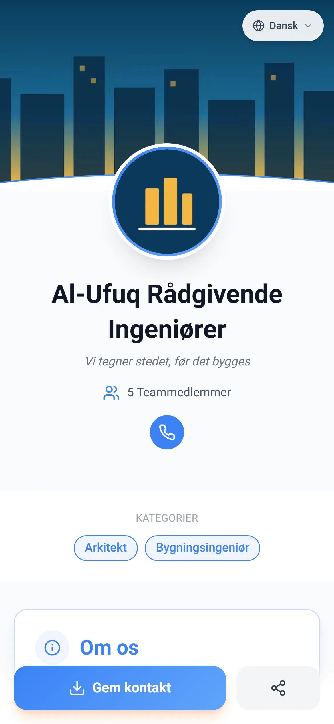En rigtig virksomhedsside på AurCard, som en kunde ser den på sin telefon