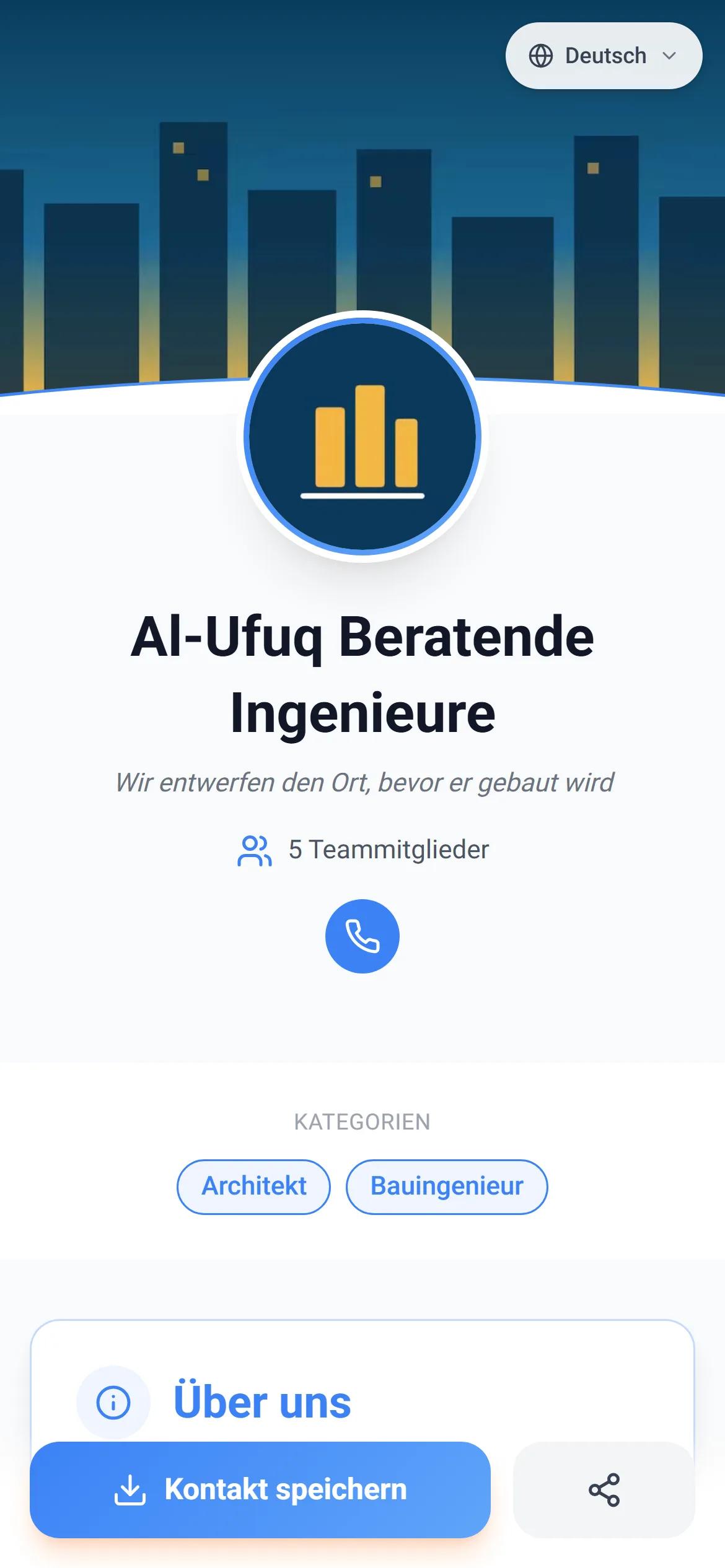 Eine echte Unternehmensseite auf AurCard, so wie ein Kunde sie auf dem Handy sieht