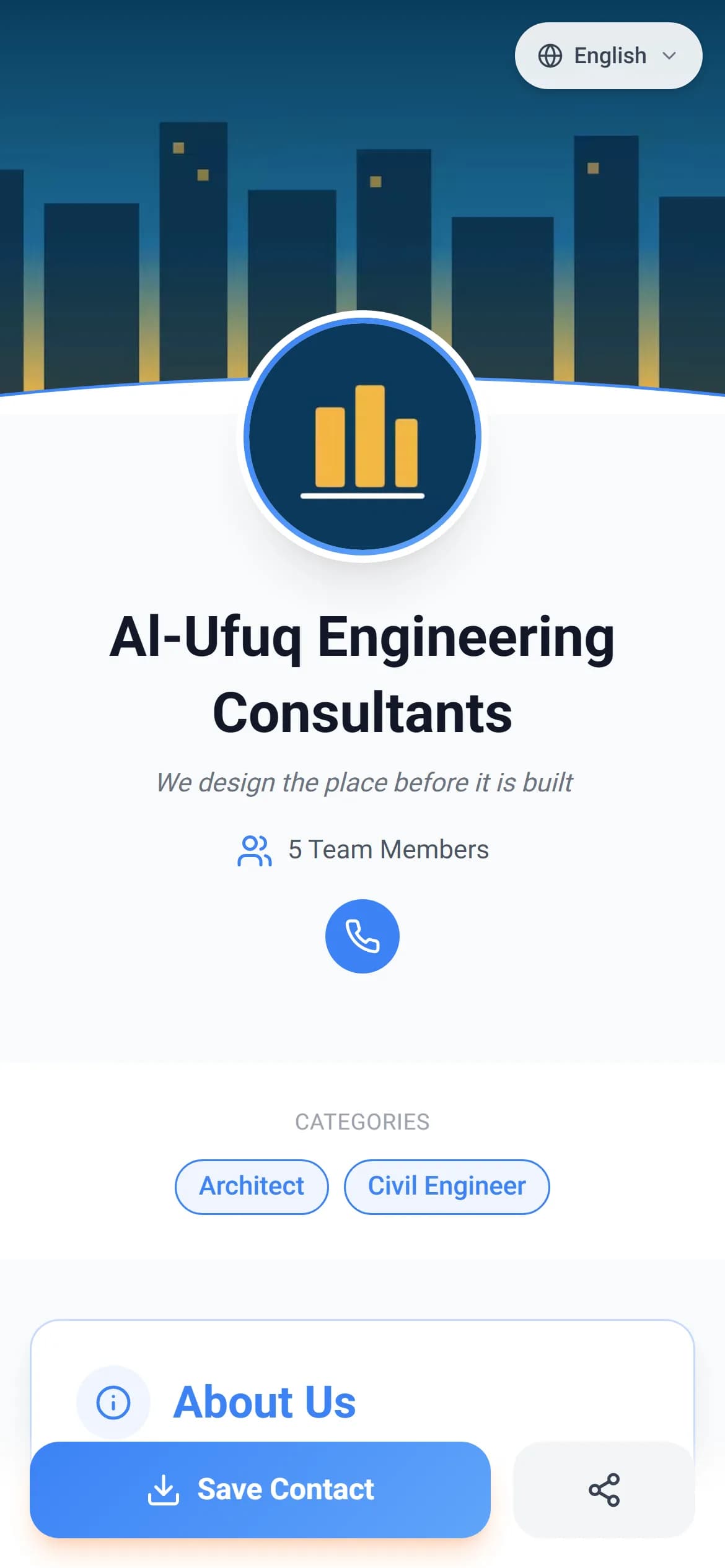 A business page on AurCard as a customer sees it on their phone.