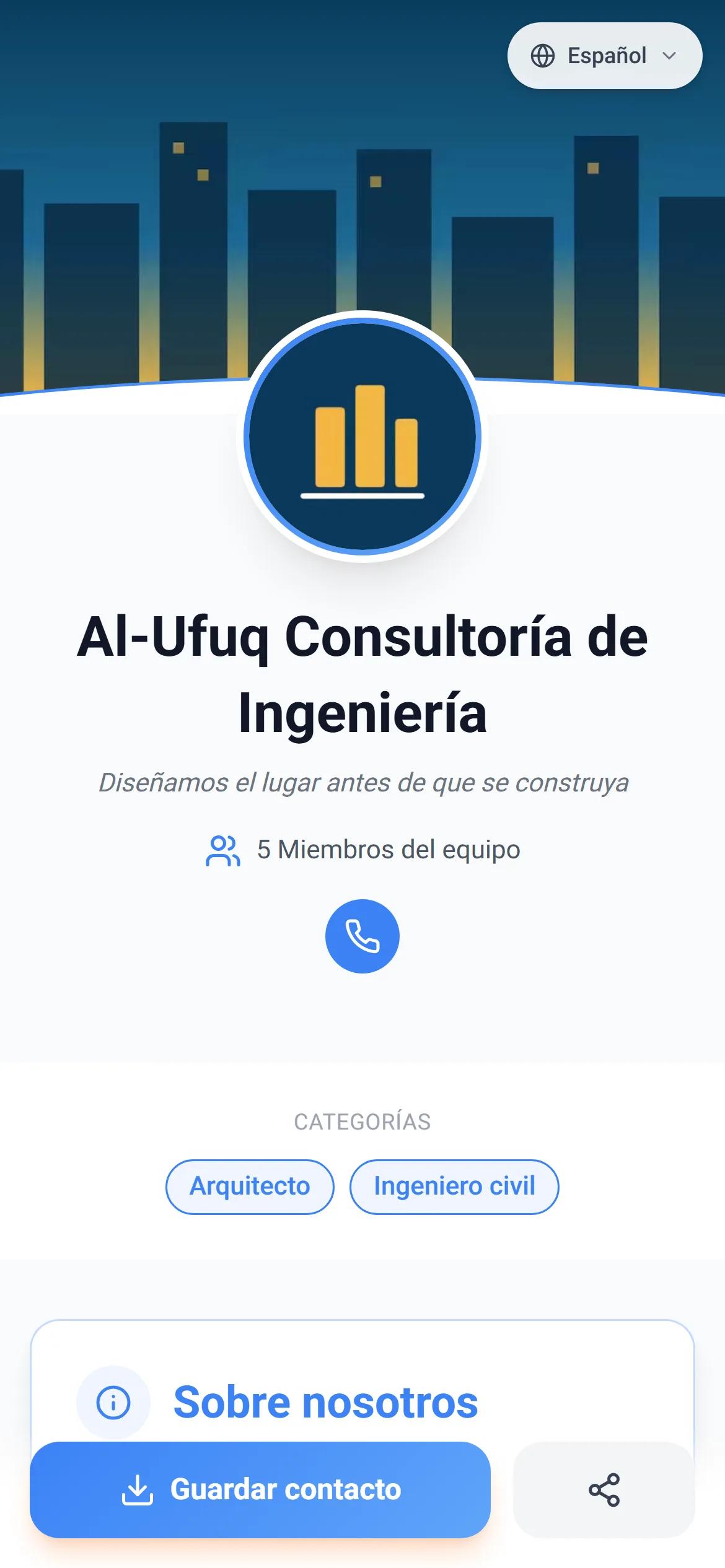 Una página de empresa real en AurCard, tal como la ve un cliente en su móvil