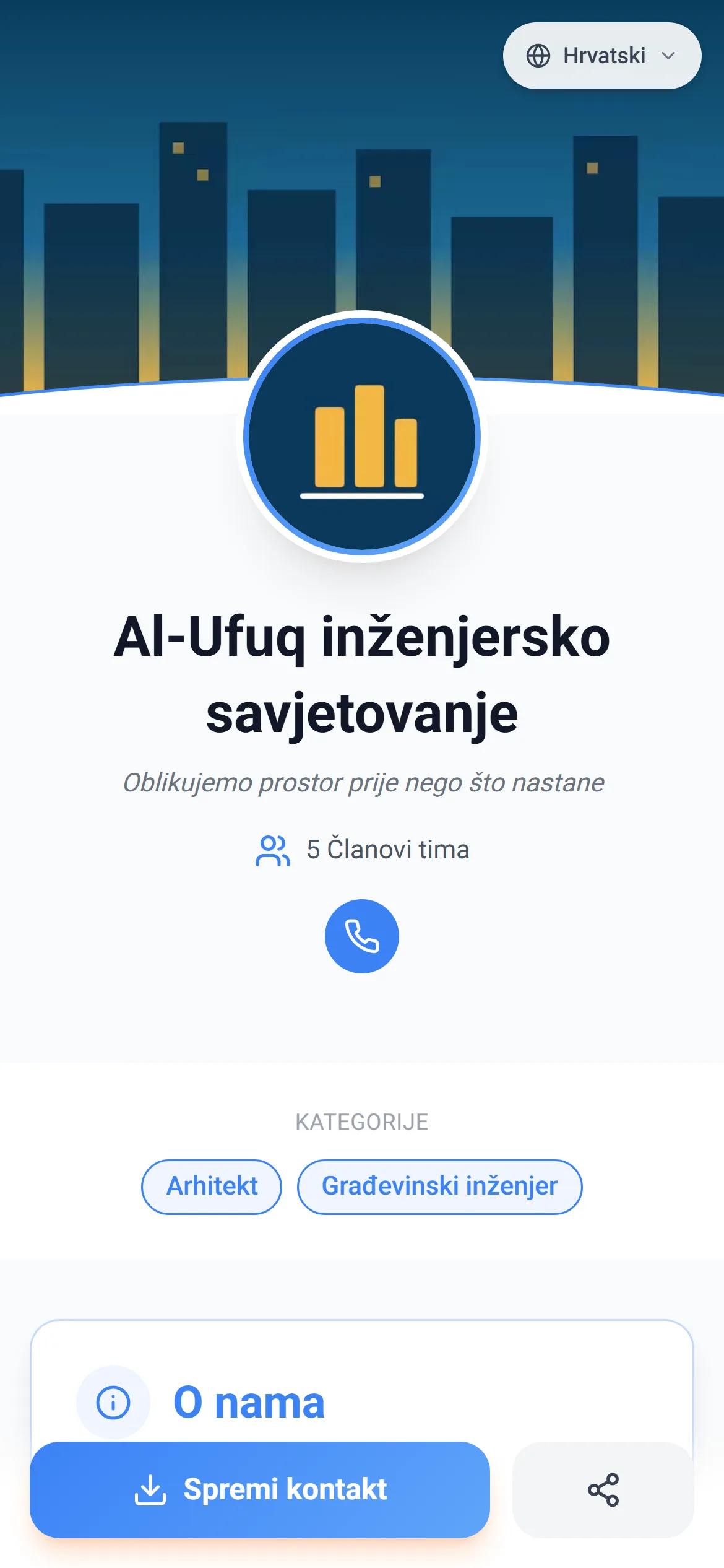 Prava stranica tvrtke na AurCardu, onako kako je klijent vidi na mobitelu