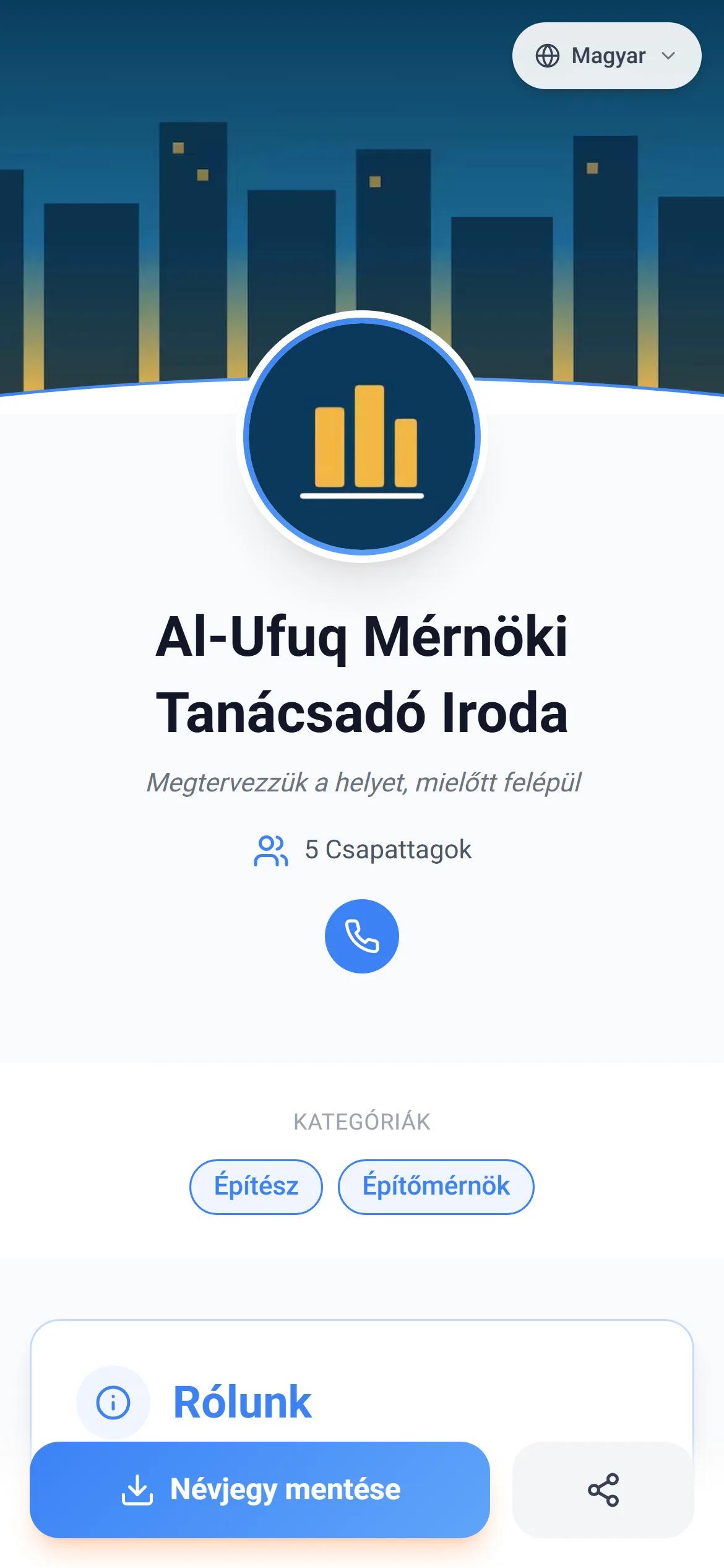 Egy valódi céges oldal az AurCardon, ahogy az ügyfél a telefonján látja