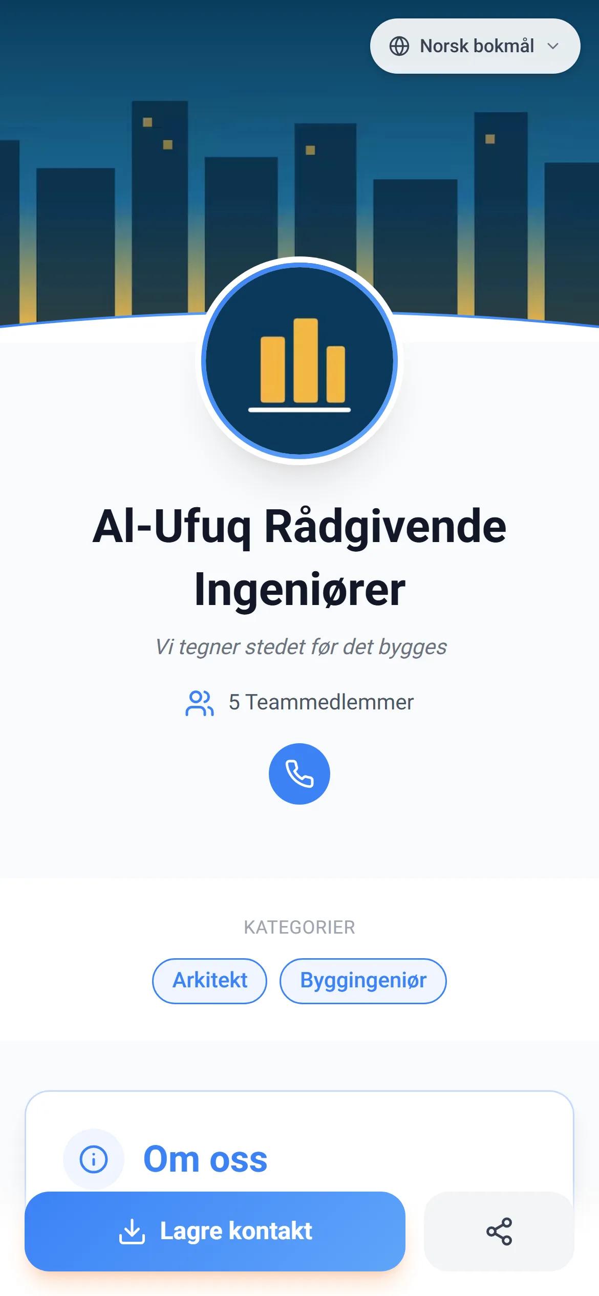 En ekte bedriftsside på AurCard, slik en kunde ser den på mobilen