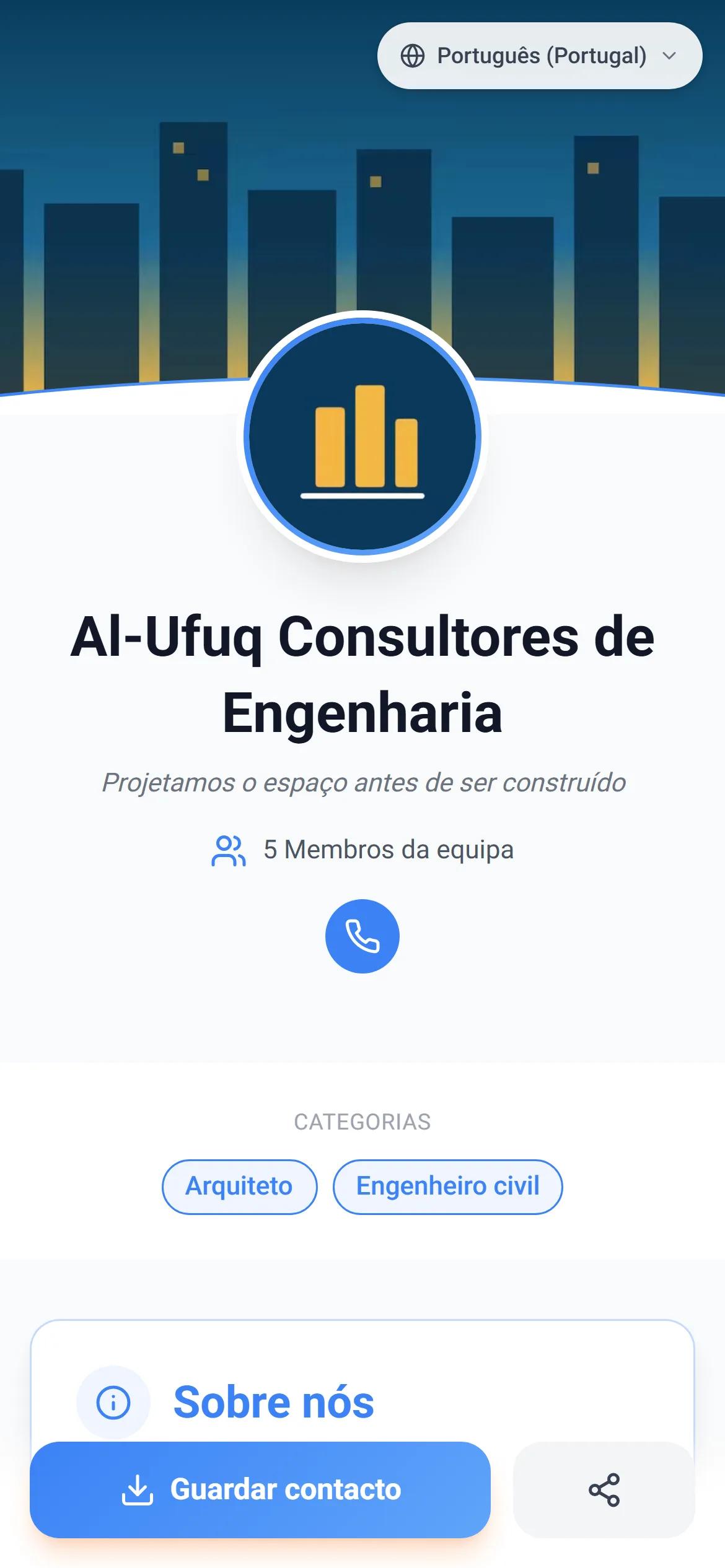 Uma página de empresa real no AurCard, tal como o cliente a vê no telemóvel