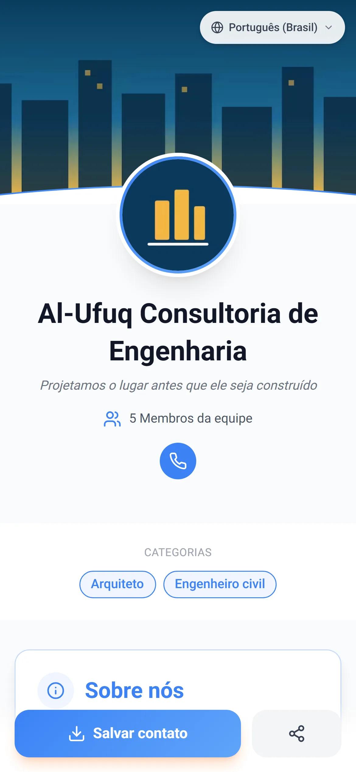 Uma página de empresa real no AurCard, do jeito que o cliente vê no celular