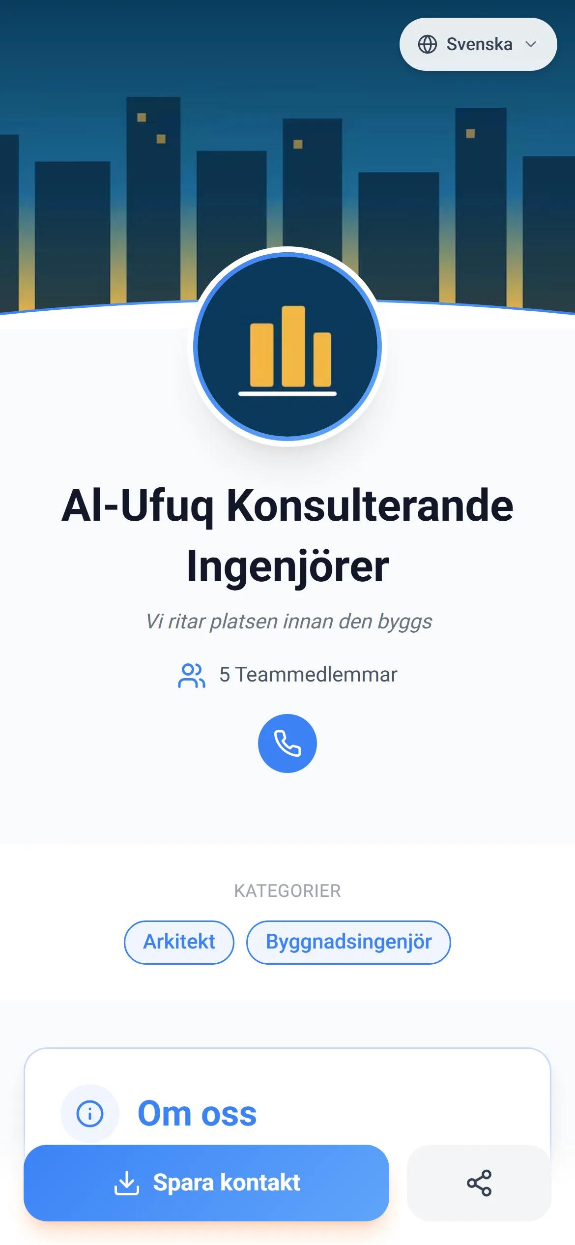 En riktig företagssida på AurCard, så som en kund ser den i mobilen
