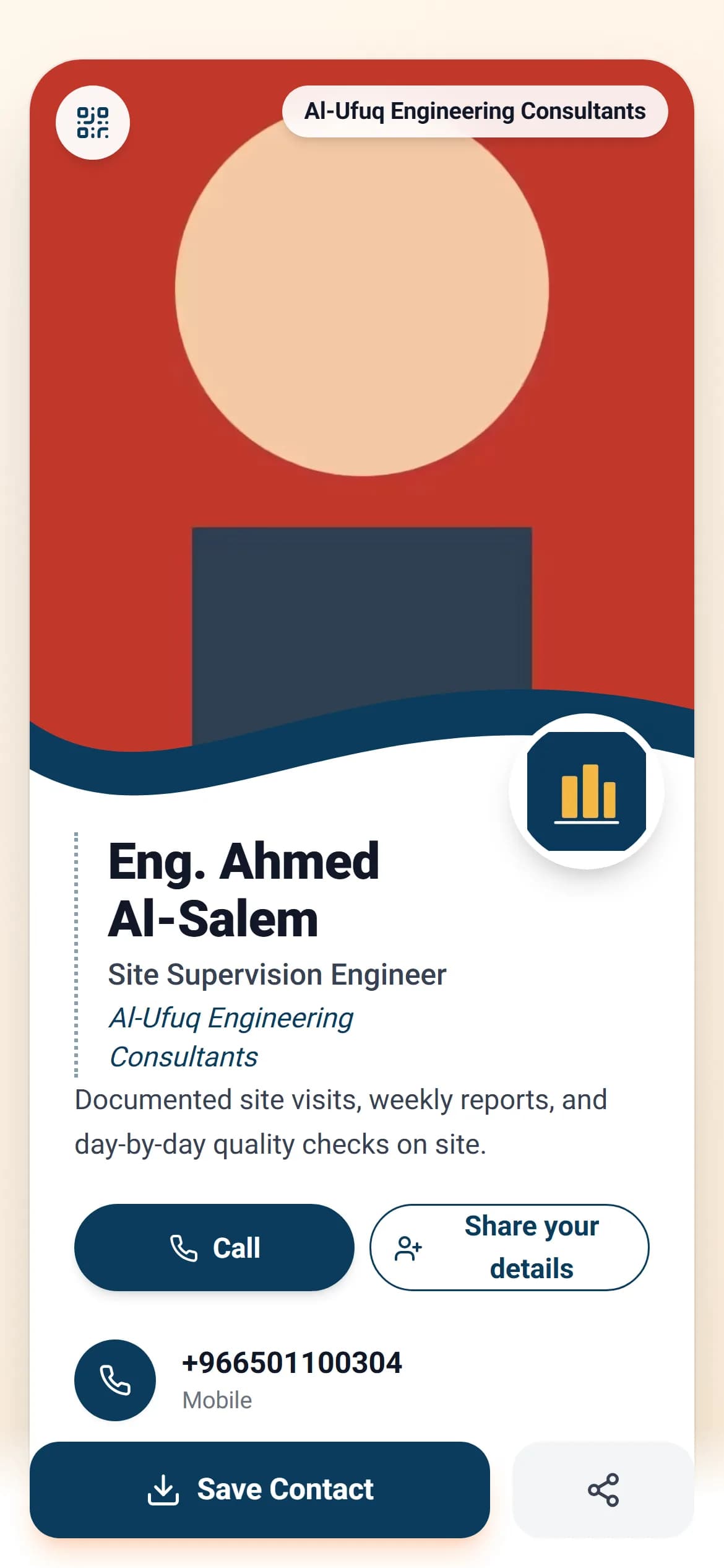 An employee’s digital business card in the company’s identity: photo, name and title, contact buttons and “save contact”.