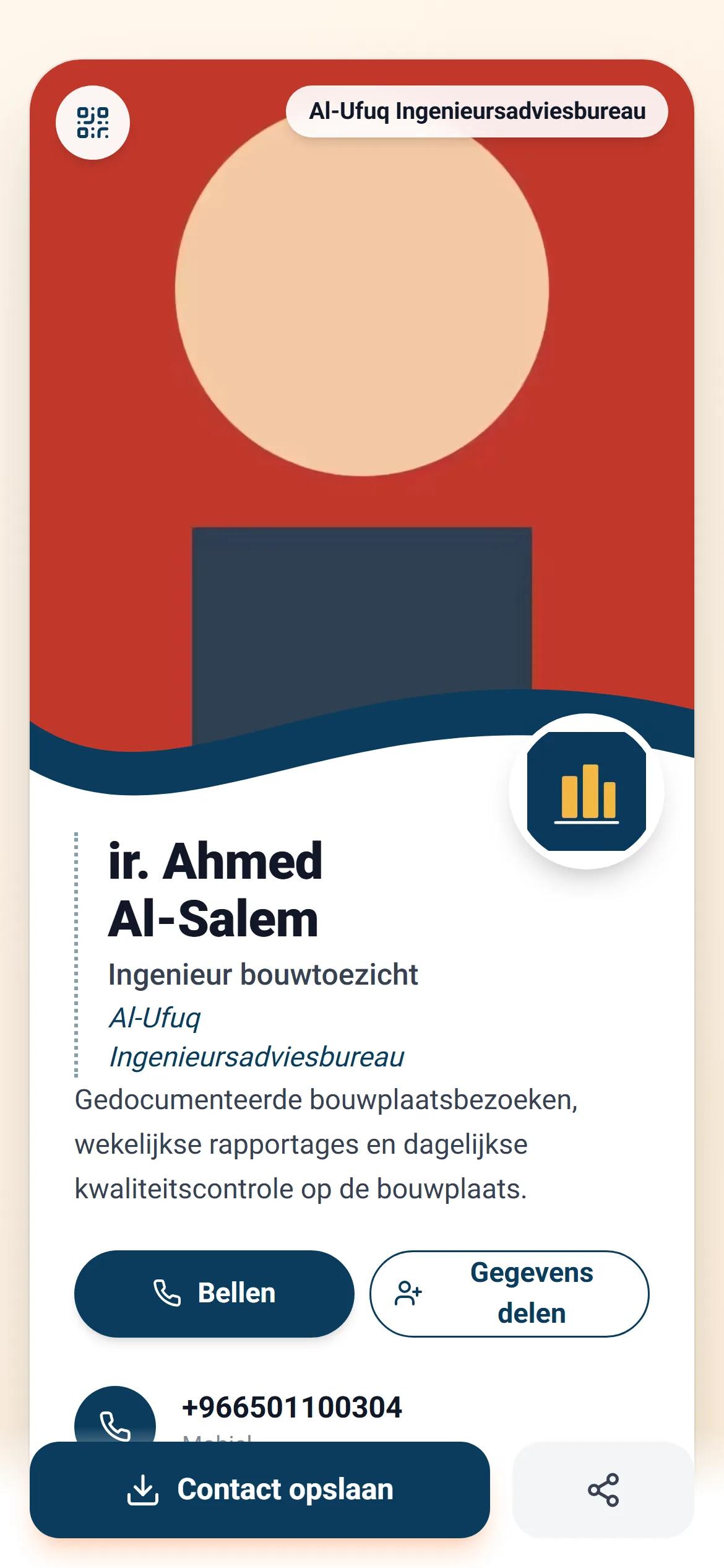 Een digitale medewerkerskaart in de huisstijl van het bedrijf